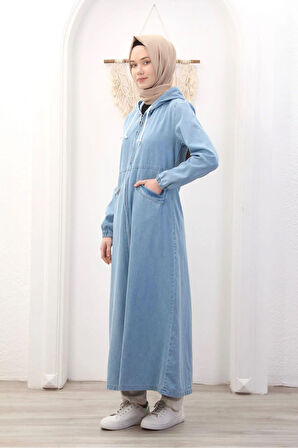 Kadın Cepli Fermuarlı Kapüşonlu Denim Kot Kap