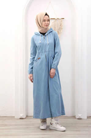 Kadın Cepli Fermuarlı Kapüşonlu Denim Kot Kap