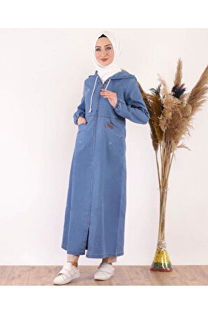 Kadın Cepli Fermuarlı Kapüşonlu Denim Kot Kap