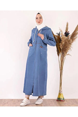 Kadın Cepli Fermuarlı Kapüşonlu Denim Kot Kap