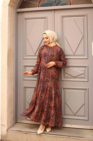 Kadın Astarlı Şifon Şal Desenli Elbise