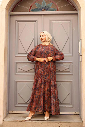 Kadın Astarlı Şifon Şal Desenli Elbise