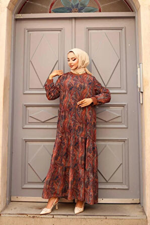 Kadın Astarlı Şifon Şal Desenli Elbise