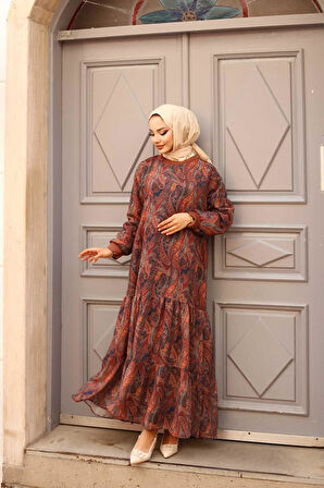 Kadın Astarlı Şifon Şal Desenli Elbise