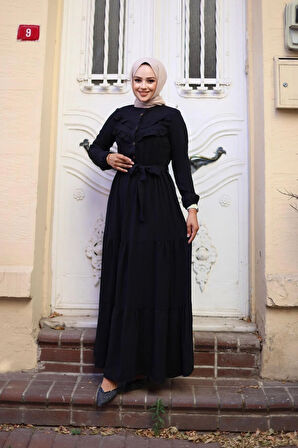 Kadın Kuşaklı Fır Fır Detaylı Ayrobin Elbise