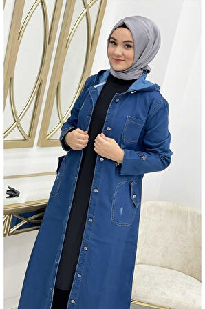Kadın Kapüşonlu Düğmeli Denim Kot Kap