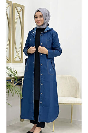 Kadın Kapüşonlu Düğmeli Denim Kot Kap