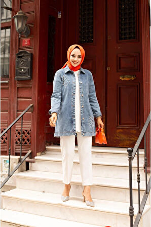 Kadın Boncuk Detaylı Denim Kot Ceket