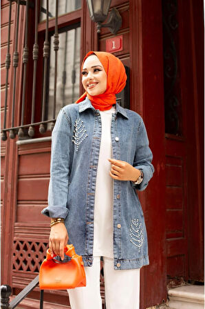 Kadın Boncuk Detaylı Denim Kot Ceket