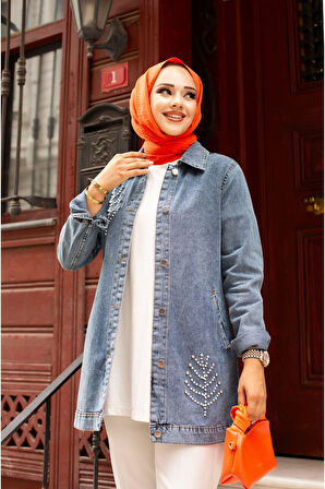 Kadın Boncuk Detaylı Denim Kot Ceket