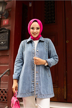 Kadın Kristal Taş Detaylı Denim Kot Ceket