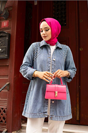 Kadın Kristal Taş Detaylı Denim Kot Ceket