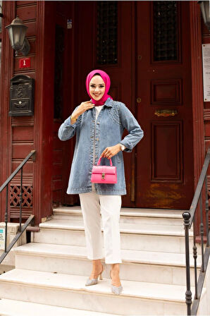 Kadın Kristal Taş Detaylı Denim Kot Ceket