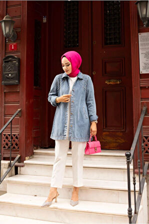 Kadın Kristal Taş Detaylı Denim Kot Ceket