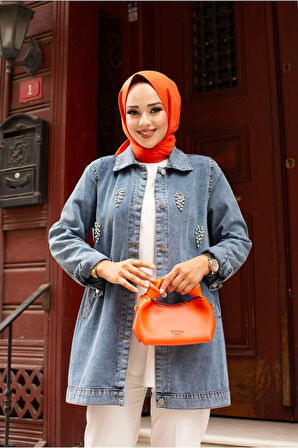 Kadın Kristal Taş Detay Denim Kot Ceket