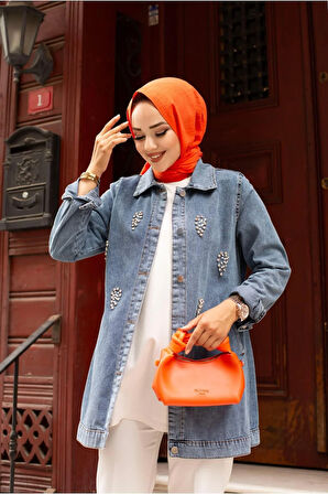 Kadın Kristal Taş Detay Denim Kot Ceket