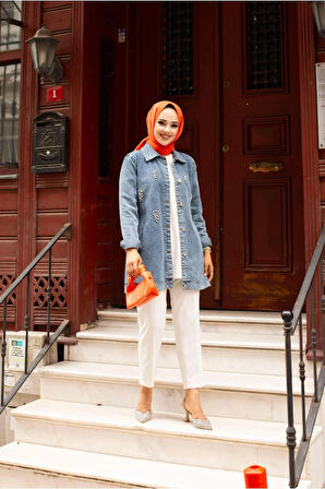 Kadın Kristal Taş Detay Denim Kot Ceket