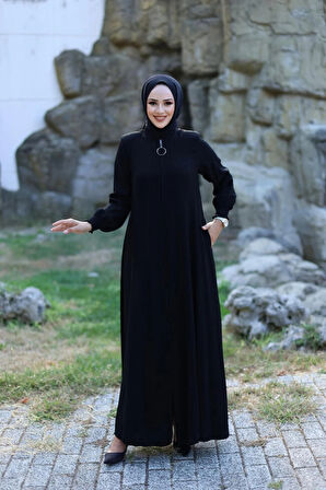 Kadın Fermuarlı Kol Lastik Detaylı Ferace