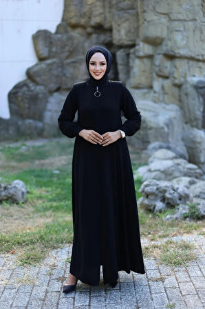 Kadın Fermuarlı Kol Lastik Detaylı Ferace