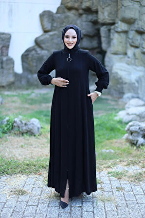 Kadın Fermuarlı Kol Lastik Detaylı Ferace