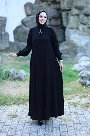 Kadın Fermuarlı Kol Lastik Detaylı Ferace