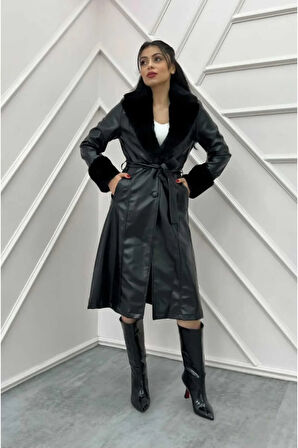 Kadın Astarlı Yakası Kürklü Deri Trençkot