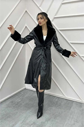 Kadın Astarlı Yakası Kürklü Deri Trençkot