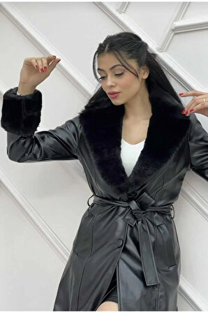 Kadın Astarlı Yakası Kürklü Deri Trençkot