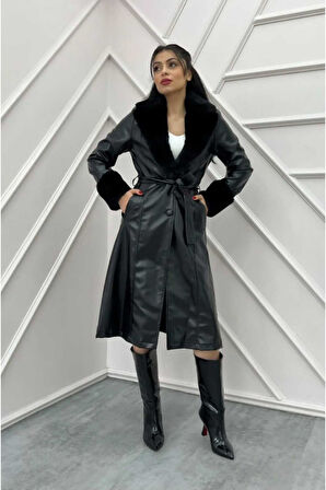 Kadın Astarlı Yakası Kürklü Deri Trençkot