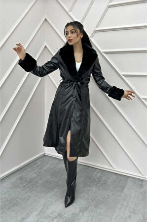 Kadın Astarlı Yakası Kürklü Deri Trençkot