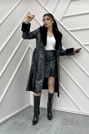 Kadın Astarlı Yakası Kürklü Deri Trençkot