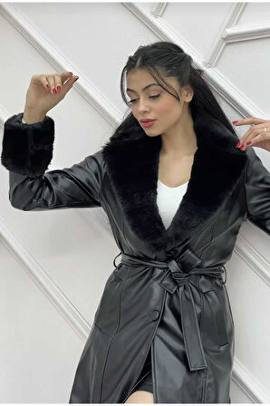 Kadın Astarlı Yakası Kürklü Deri Trençkot