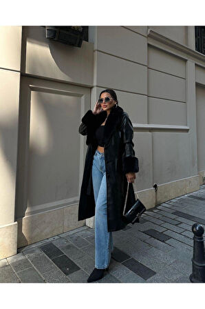 Kadın Yakası Kürk Görünümlü Astarlı Deri Trençkot