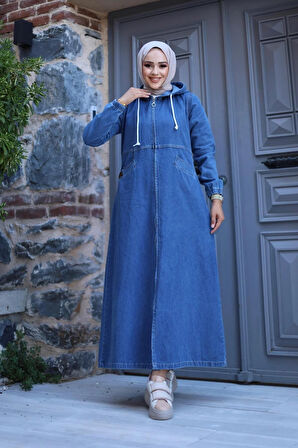 Kadın Fermuarlı Cepli Kapüşonlu Denim Kot Kap