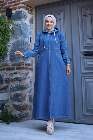 Kadın Fermuarlı Cepli Kapüşonlu Denim Kot Kap