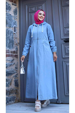 Kadın Fermuarlı Cepli Kapüşonlu Denim Kot Kap