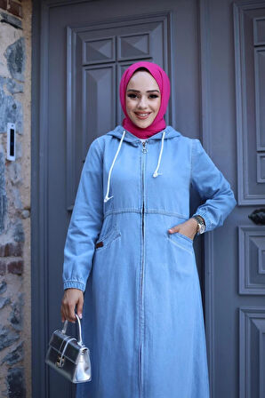 Kadın Fermuarlı Cepli Kapüşonlu Denim Kot Kap