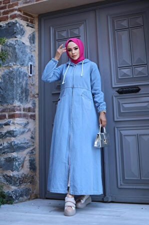 Kadın Fermuarlı Cepli Kapüşonlu Denim Kot Kap