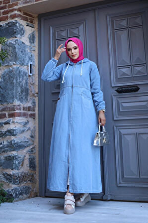 Kadın Fermuarlı Cepli Kapüşonlu Denim Kot Kap