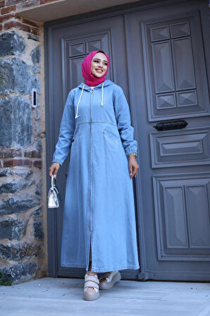 Kadın Fermuarlı Cepli Kapüşonlu Denim Kot Kap