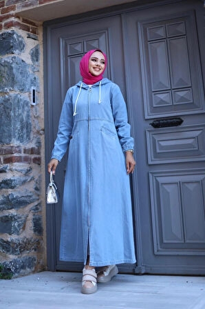 Kadın Fermuarlı Cepli Kapüşonlu Denim Kot Kap