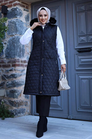 Kadın Fermuarlı Çıt Çıtlı Kapüşonlu Kapitone Yelek