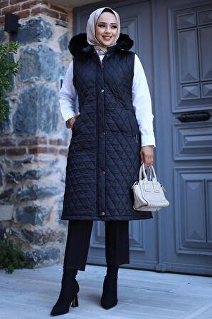 Kadın Fermuarlı Çıt Çıtlı Kapüşonlu Kapitone Yelek