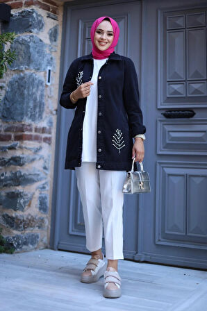 Kadın Boncuk Detaylı Denim Kot Ceket