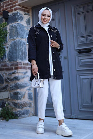 Kadın Kristal Taş Detaylı Denim Kot Ceket