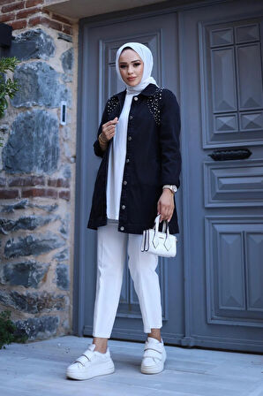 Kadın Kristal Taş Detaylı Denim Kot Ceket