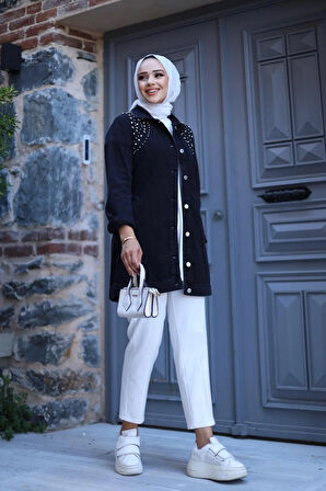 Kadın Kristal Taş Detaylı Denim Kot Ceket