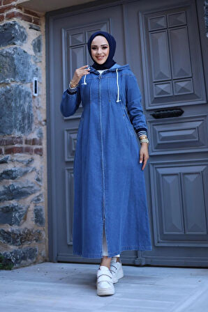 Kadın Fermuarlı Cepli Kapüşonlu Kol Ribanalı Denim Kot Kap