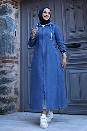 Kadın Fermuarlı Cepli Kapüşonlu Kol Ribanalı Denim Kot Kap