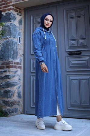 Kadın Fermuarlı Cepli Kapüşonlu Kol Ribanalı Denim Kot Kap